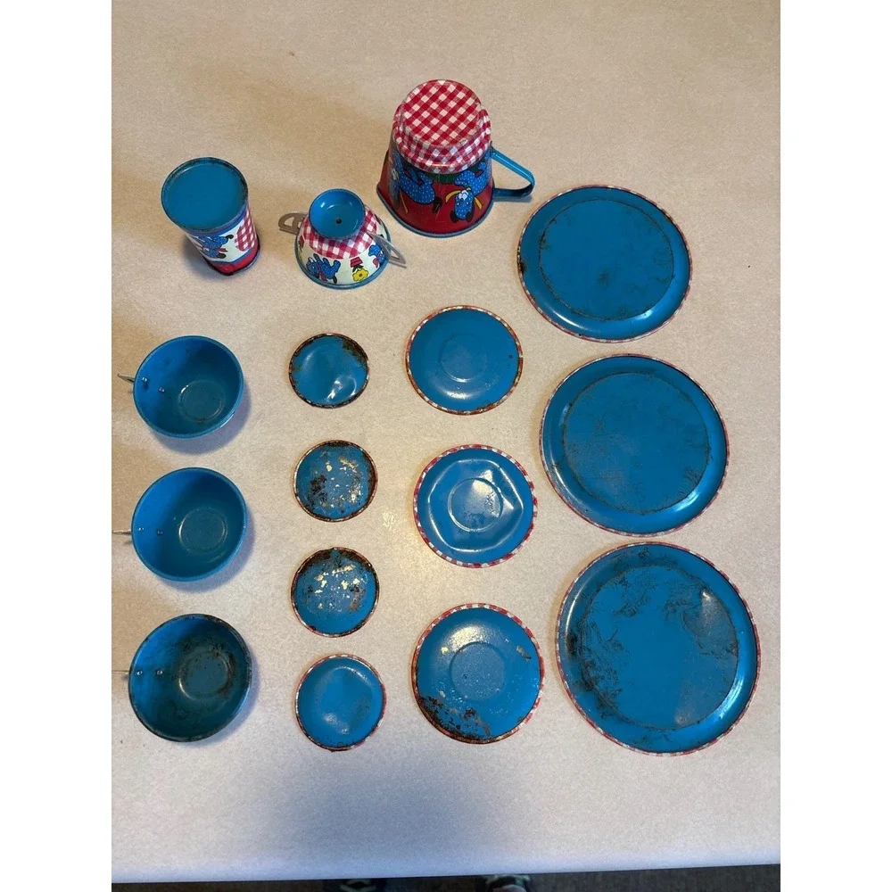 Vintage Tin Litho Toy Tea Set‎ Blue Polka Dot Dog Red Gingham Mid Century 15pc